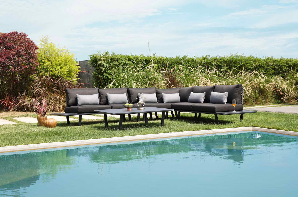 Sophia black aluminum and rope corner sofa set with marble-effect details – shown outdoors (2)