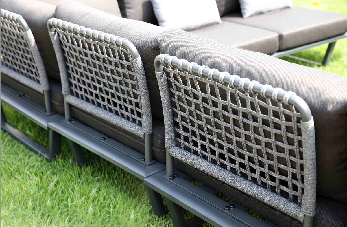 Sophia gray aluminum and rope corner sofa set with marble-effect details – close-up detail