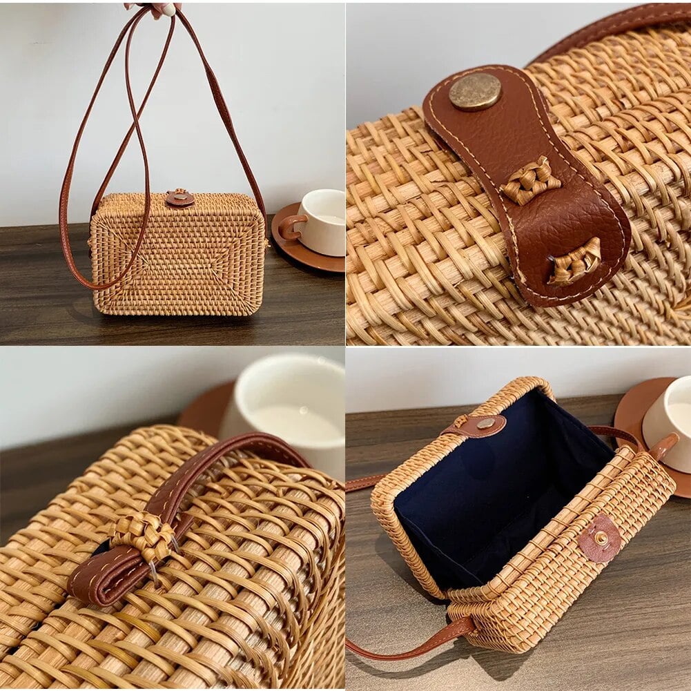 Rectangular rattan handbag with a button closure – multiple views
