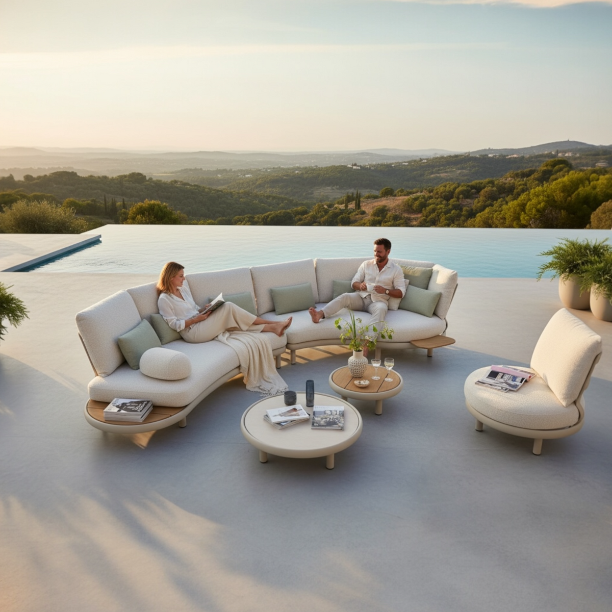 Rosa modular aluminum outdoor sofa set with thick cushions – shown outdoors