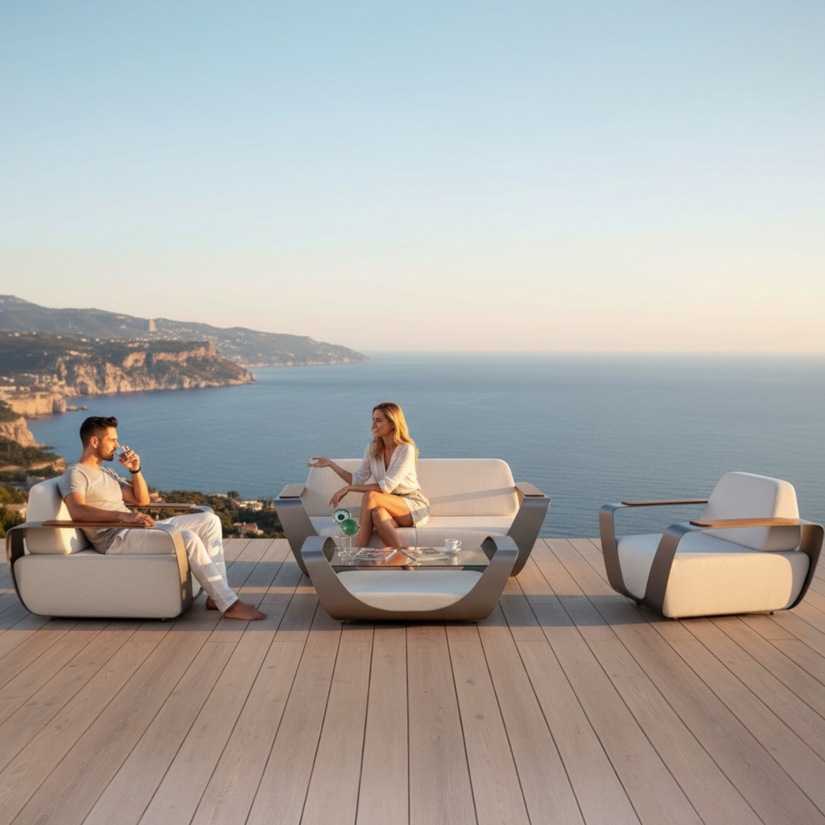 Onda aluminum Sunbrella patio set with loveseat, armchairs and teak coffee table – shown outdoors (3)