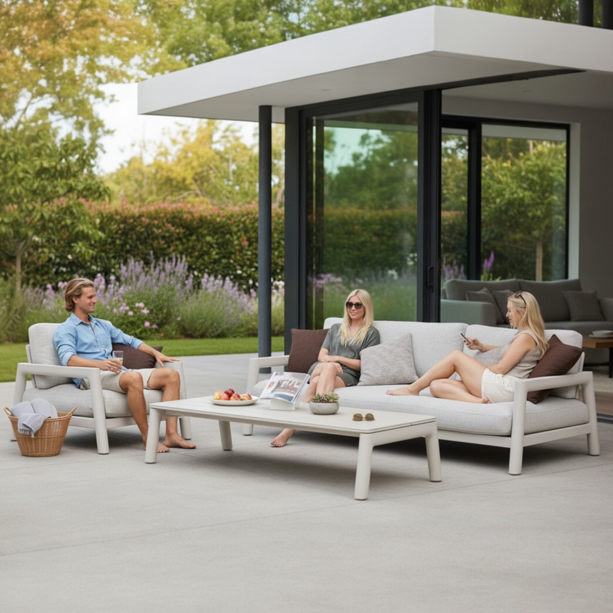 Matia convertible aluminum and rope outdoor sofa set in neutral tones – shown outdoors