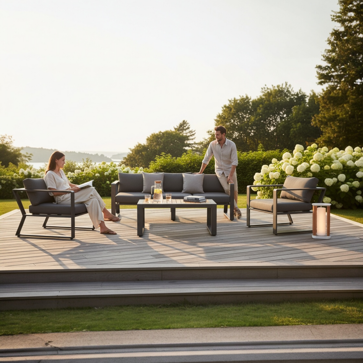 Exy anthracite aluminum and teak 5-seat patio set with teak coffee table – shown outdoors (3)