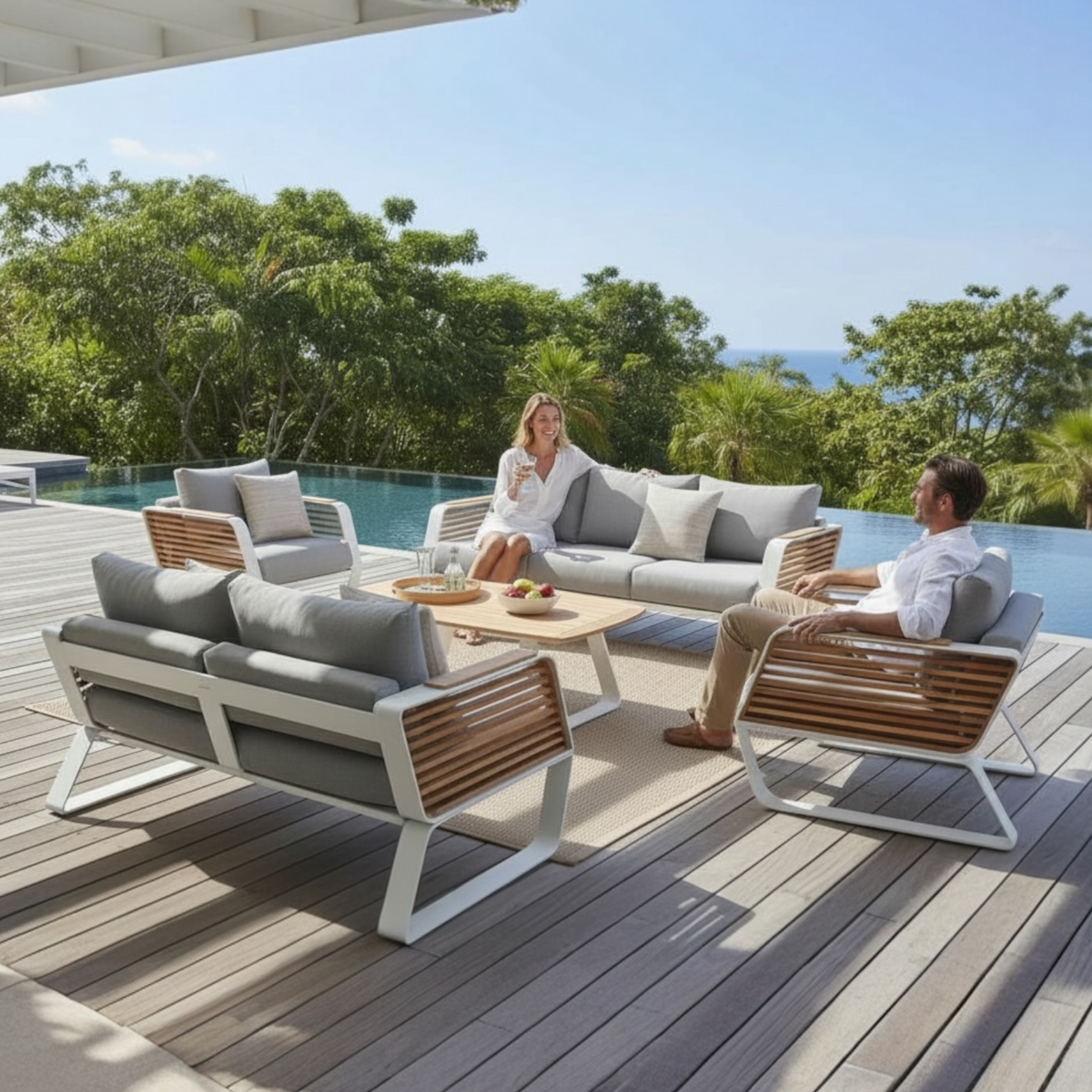 Aily XL 7-seater modular aluminum outdoor lounge set with teak coffee table – shown outdoors