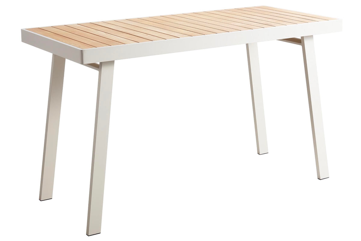 Noffy white aluminum and teak bar-height patio set for six – another view