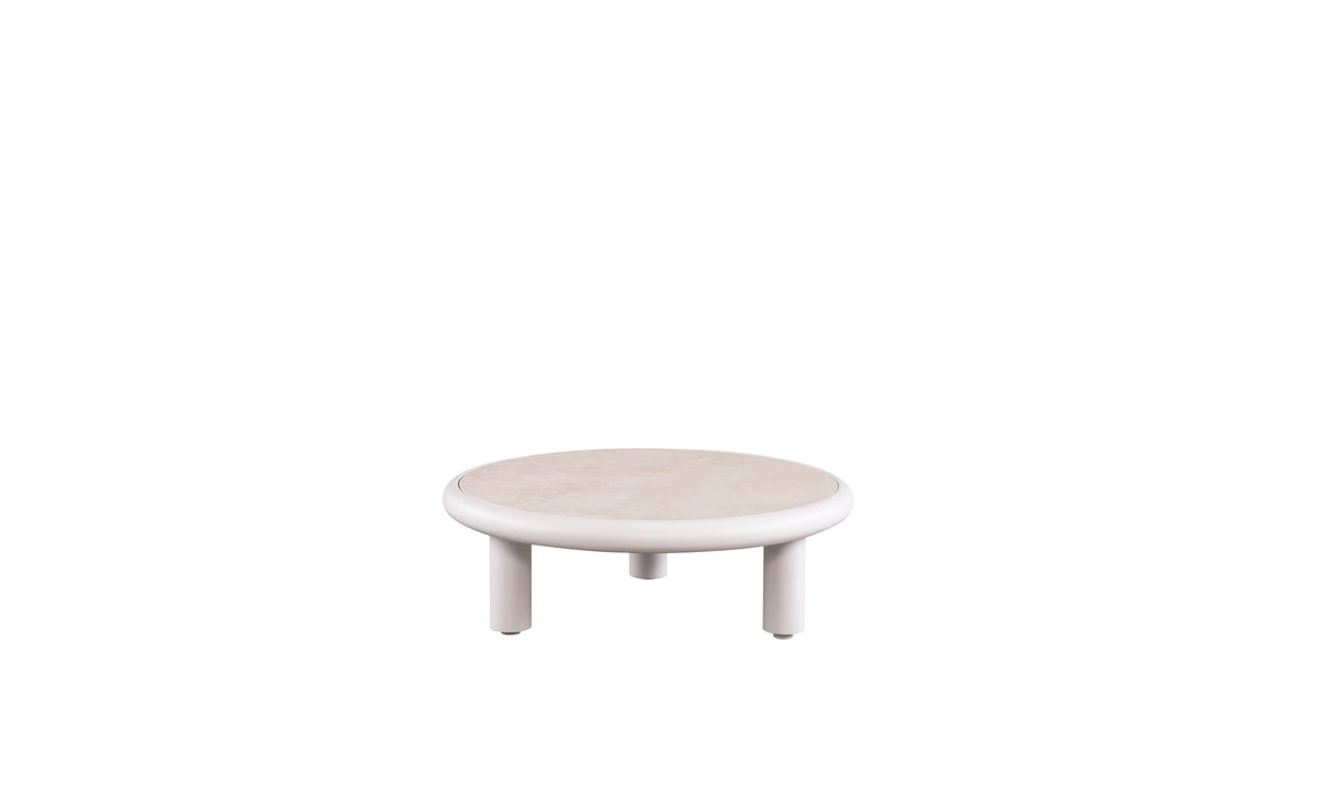 Coffee table from the Sanka beige aluminum outdoor sectional with teak platforms – another view