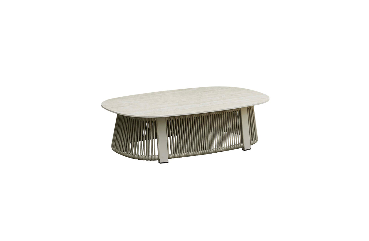 Coffee table from the Milan beige aluminum and rope patio set with ceramic coffee and side tables – another view