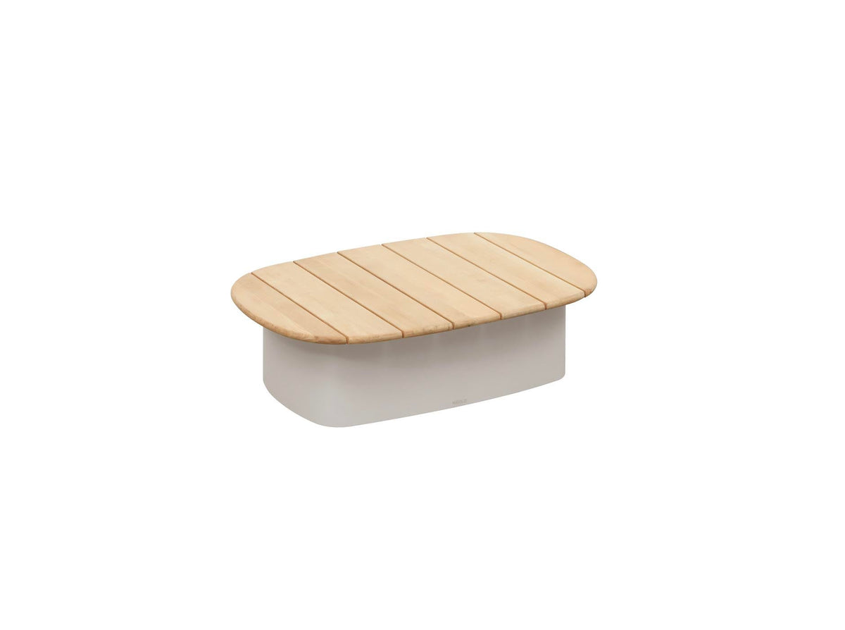 Coffee table from the Laska beige aluminum and rope patio set with three teak-top tables – another view