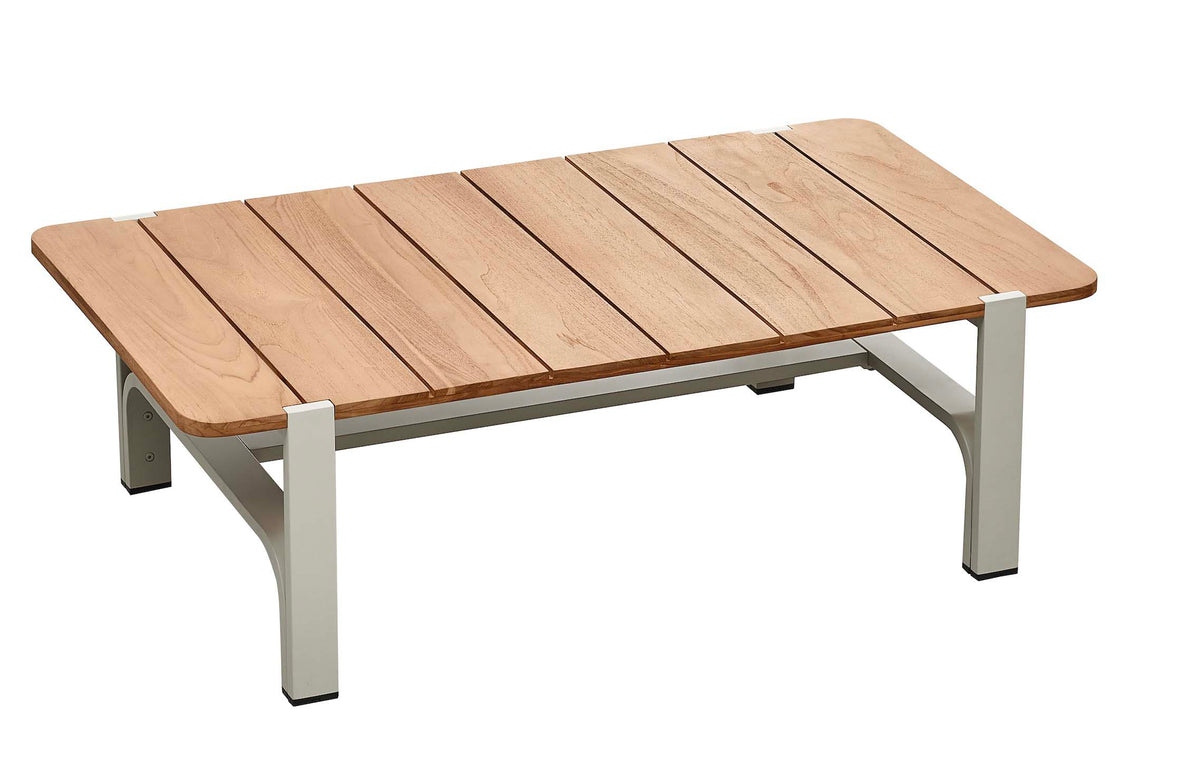 Coffee table from the Viscounti cream aluminum and teak corner sofa with openwork backs – another view