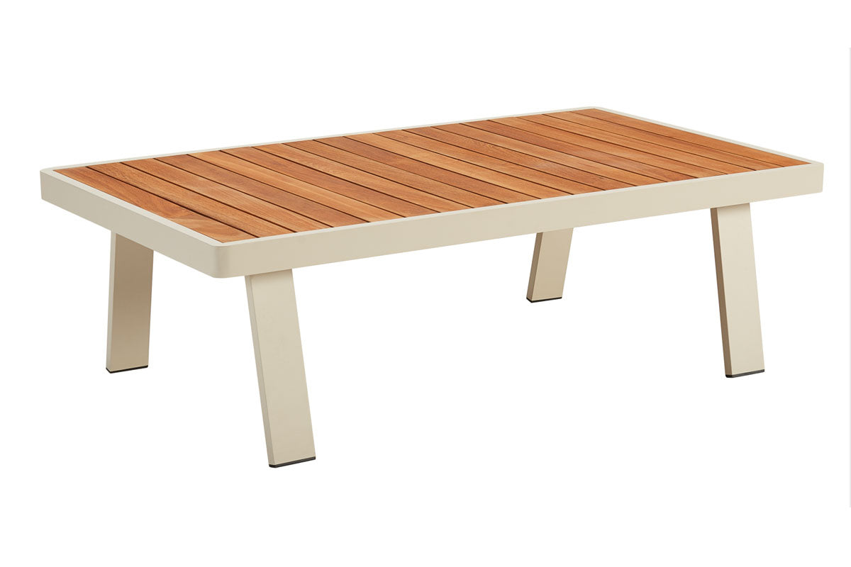Coffee table from the Noffy Plus 5-seat aluminum patio set with beige olefin cushions – another view