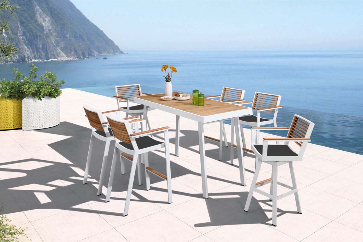 York white aluminum and teak bar set with swivel chairs – shown outdoors (3)