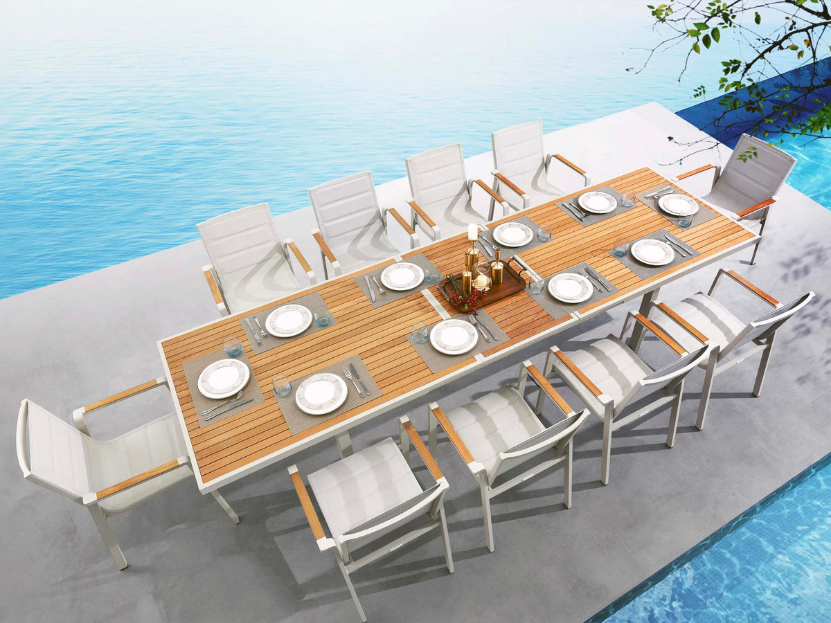 Noffy extendable aluminum and teak dining set for ten – shown outdoors (3)