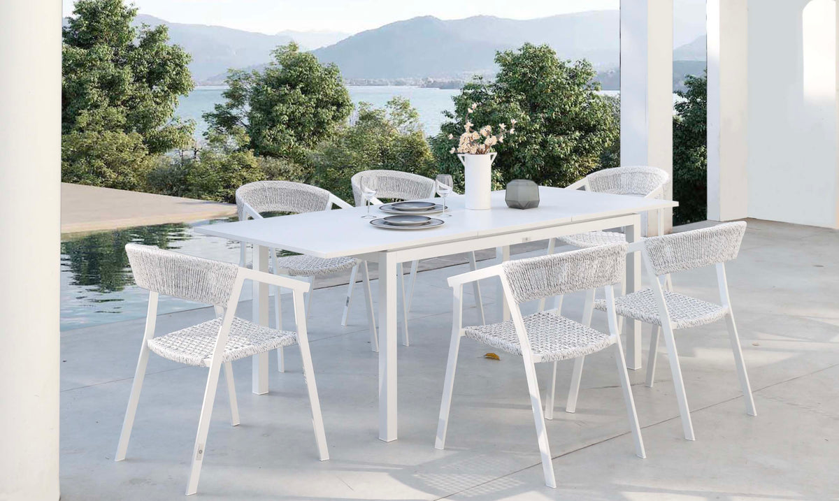 Lou Mini white extendable aluminum outdoor table – shown outdoors (4)