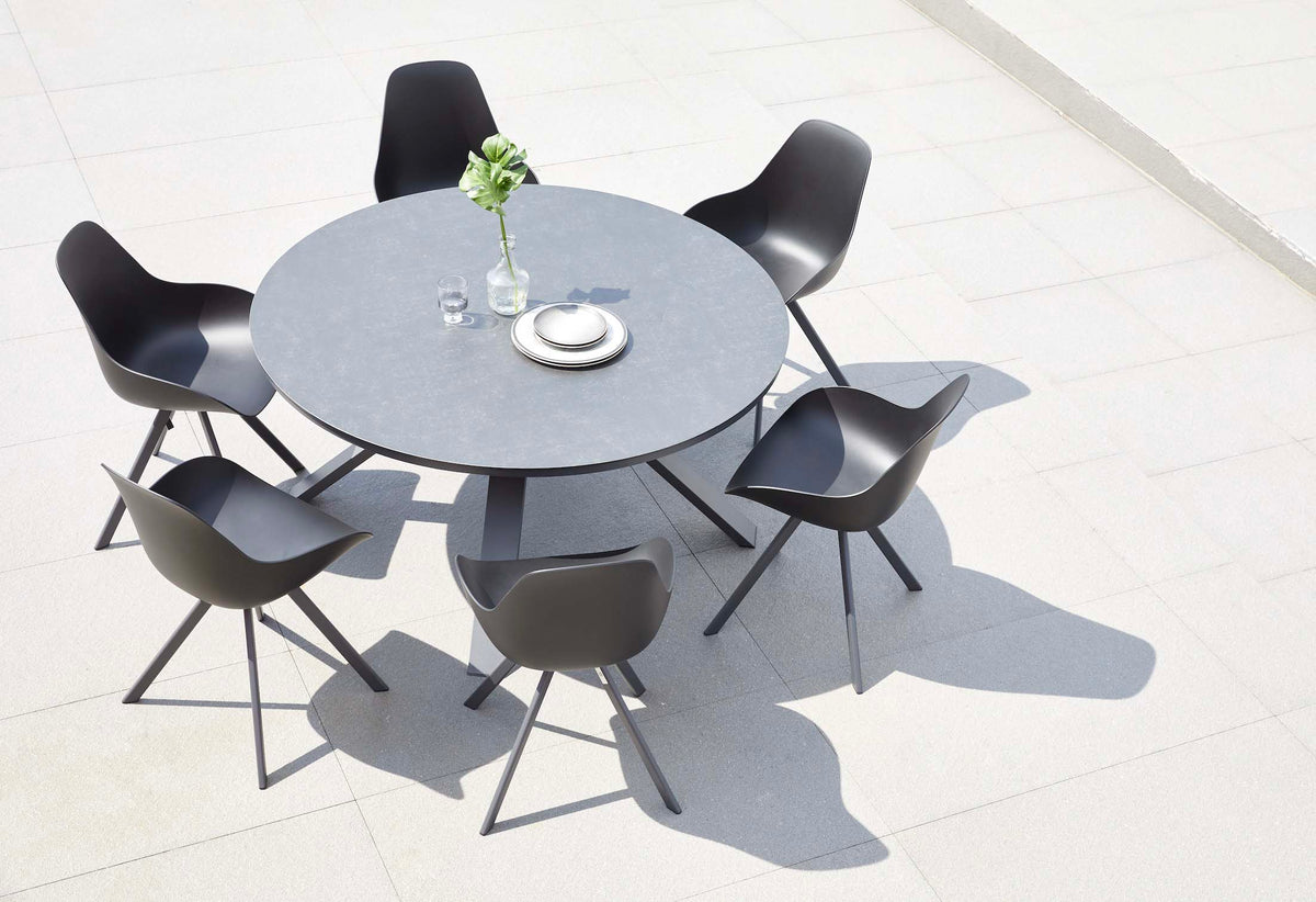 Mondo round black aluminum table with marble-effect glass top