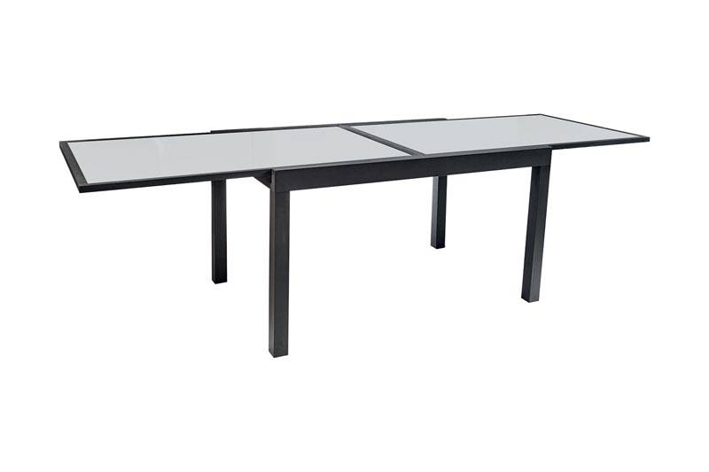 Fancy extendable aluminum table with smoked gray glass top – another view