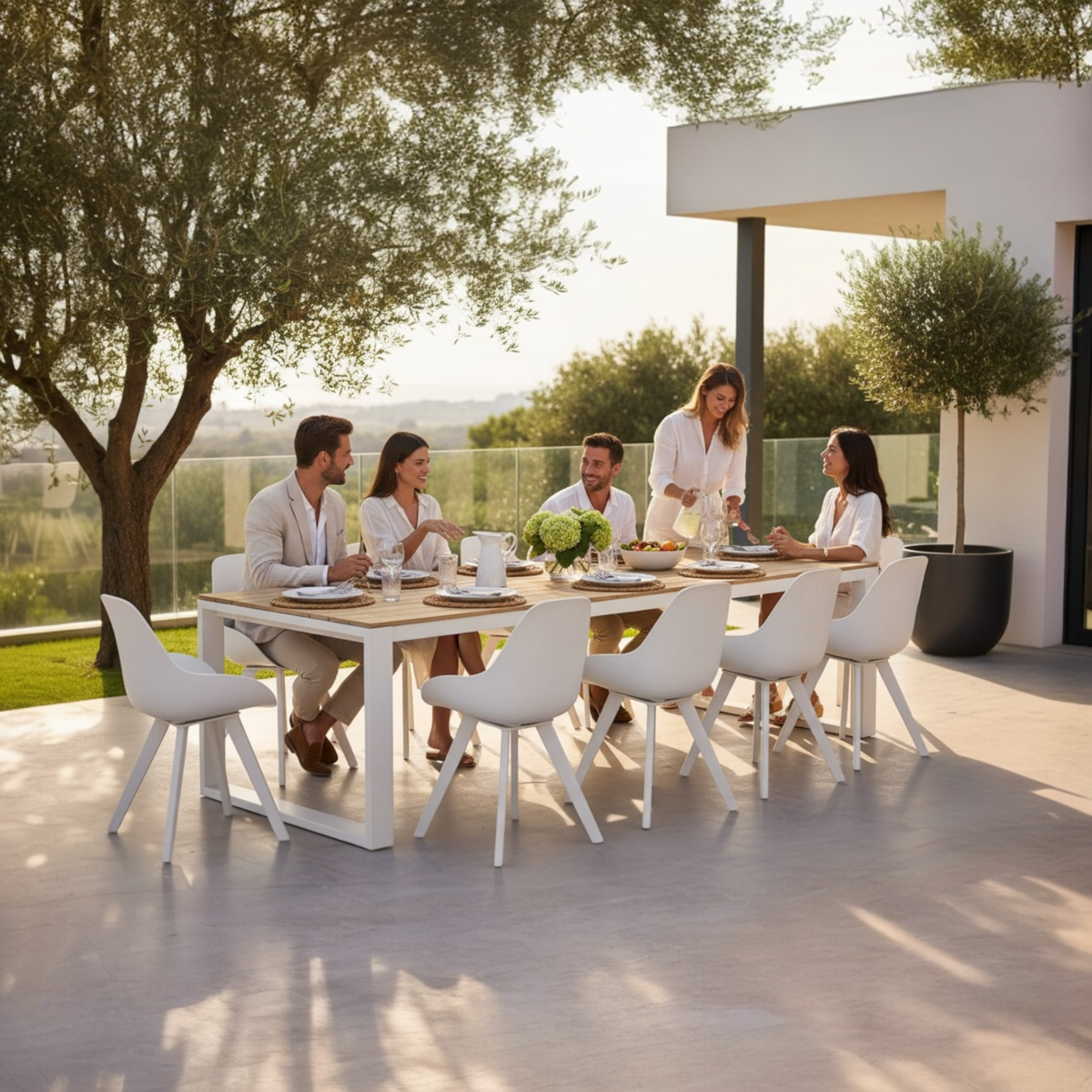 Como white aluminum and teak outdoor dining table, 240 cm – shown outdoors (2)