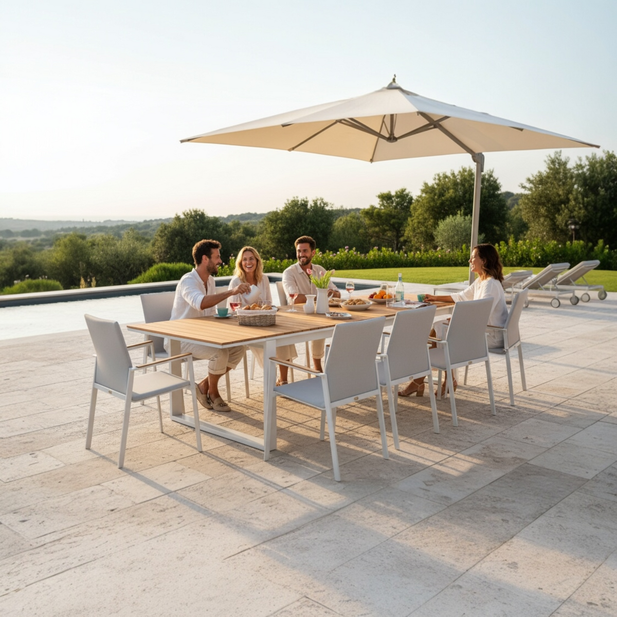 Como extendable aluminum and teak outdoor dining table – shown outdoors (2)