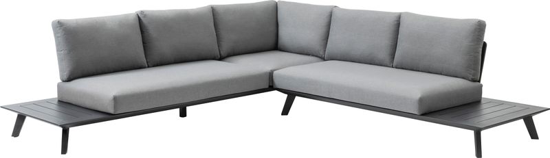 Tiny black modular aluminum outdoor sofa with chaise and square coffee table
