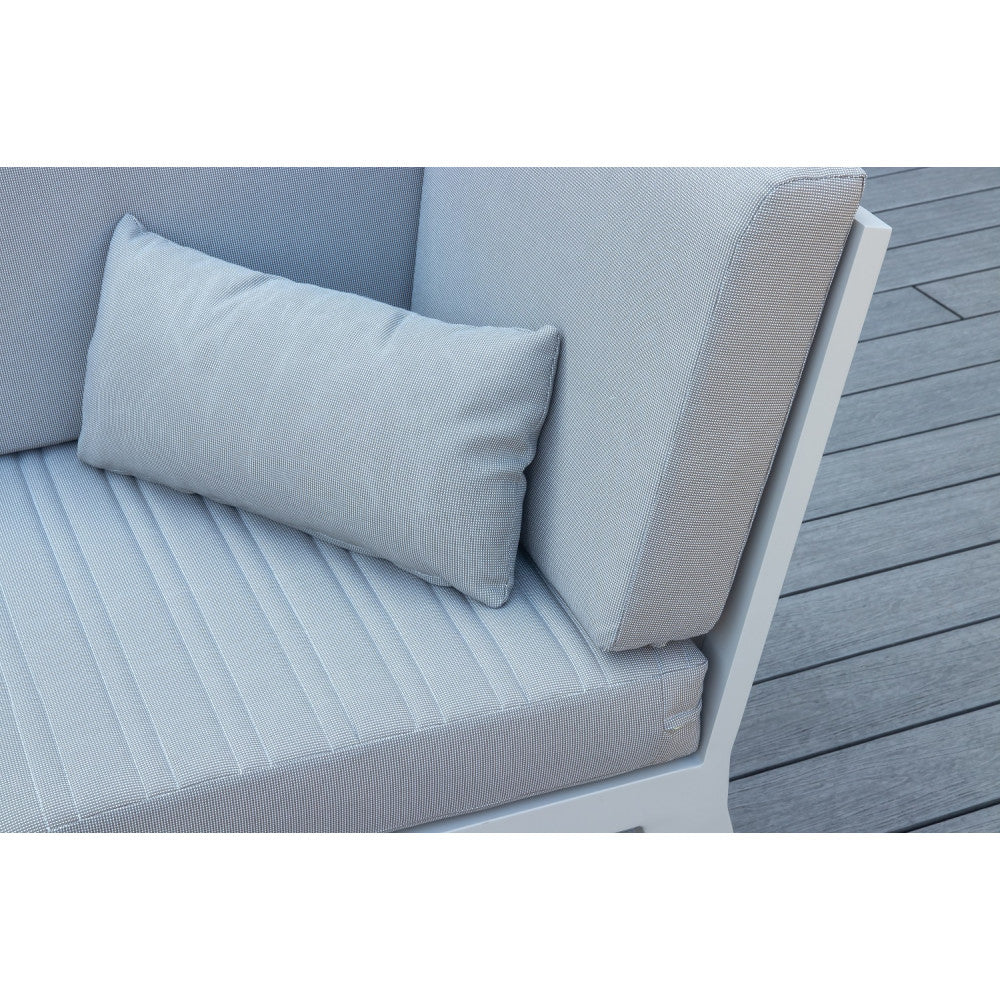 Lovy Cosy white aluminum outdoor sectional with teak armrests – close-up detail