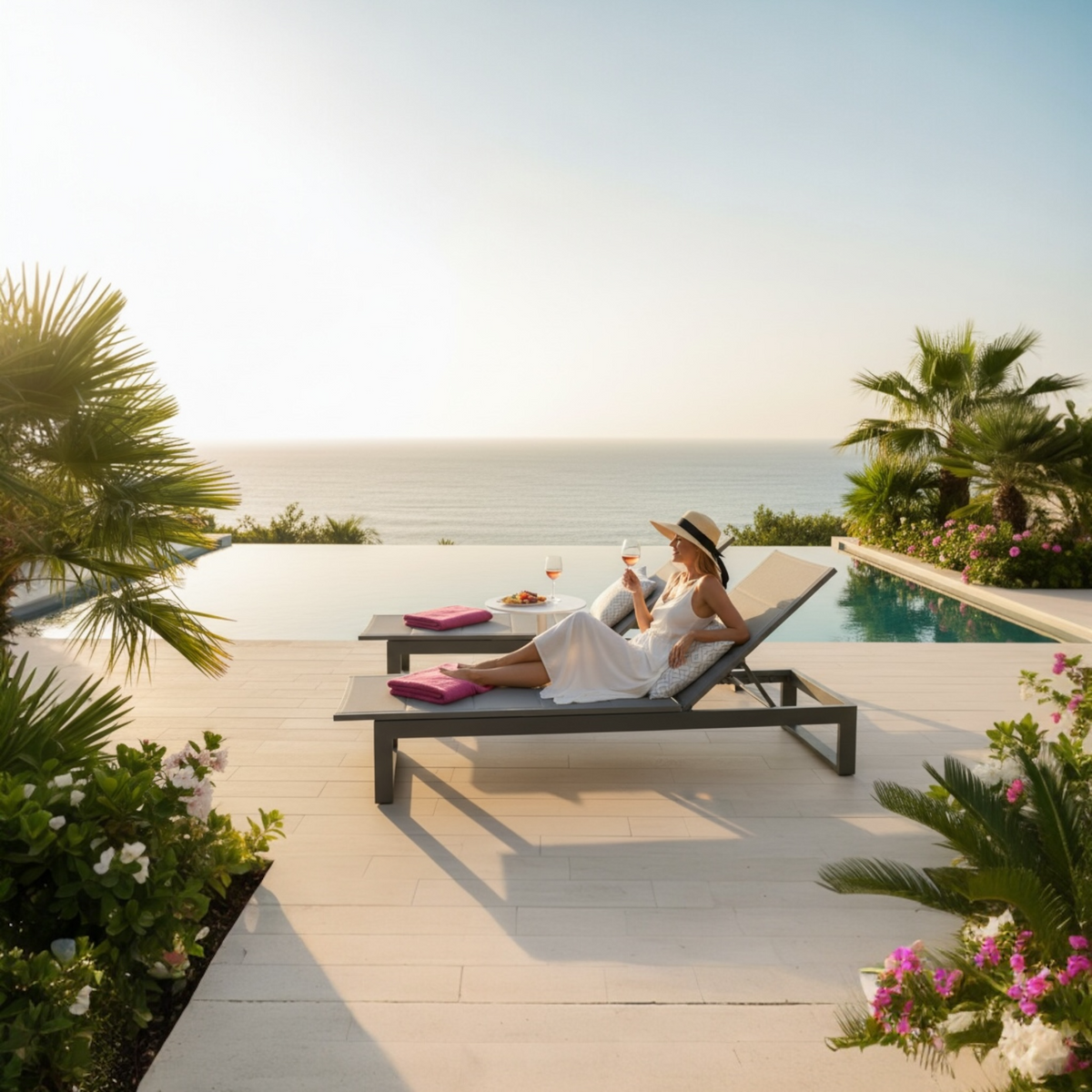 Como black chaise lounge set of two with coffee table – shown outdoors (2)
