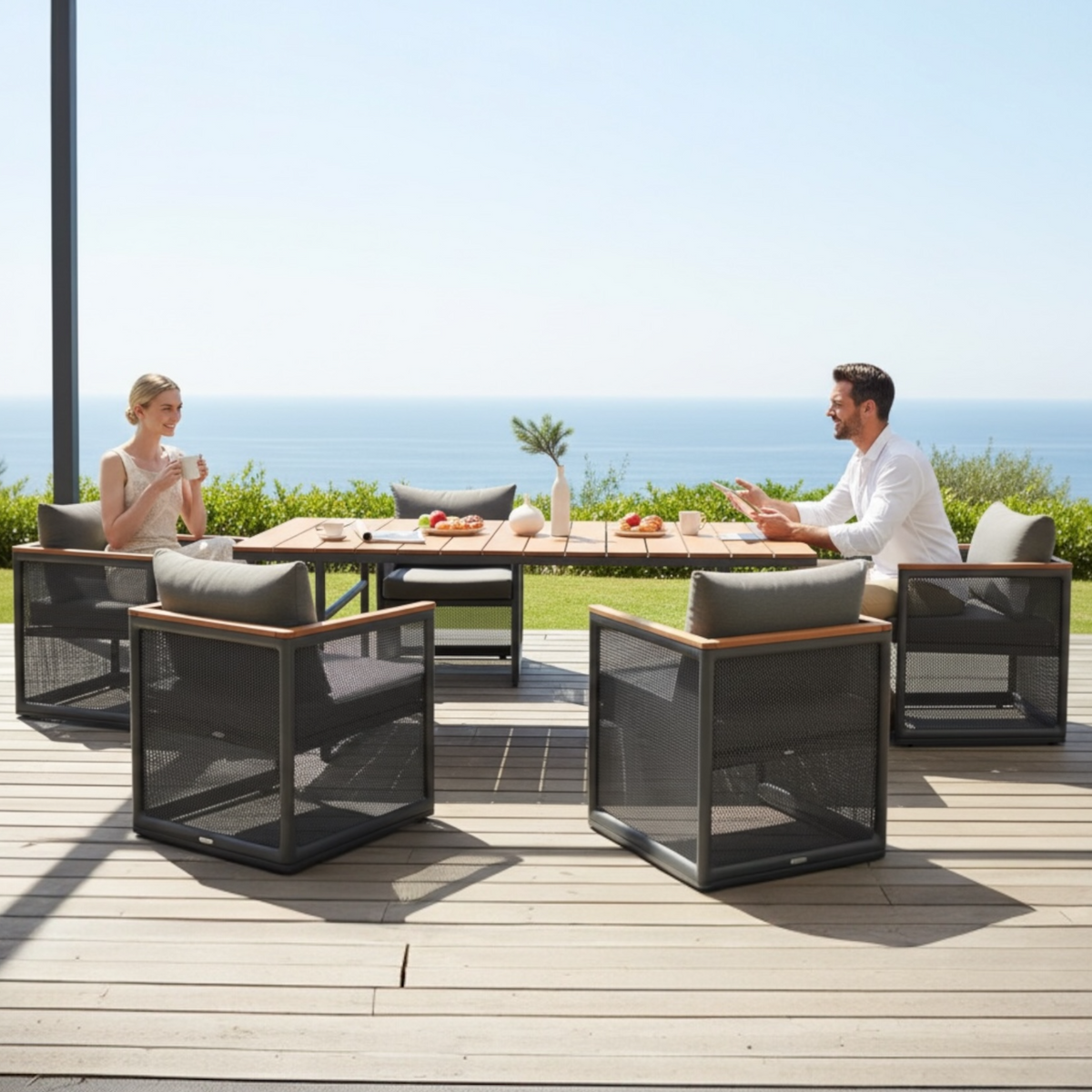 Rio 6-seat minimalist aluminum and teak dining set – shown outdoors (2)