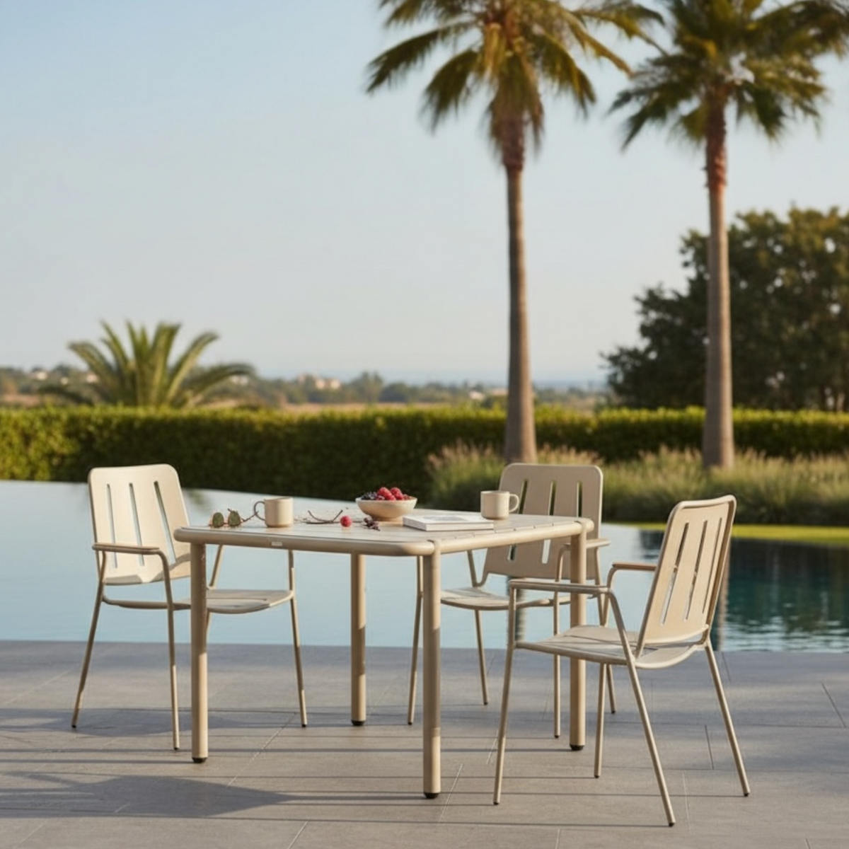 Sarran beige square aluminum restaurant table – shown outdoors