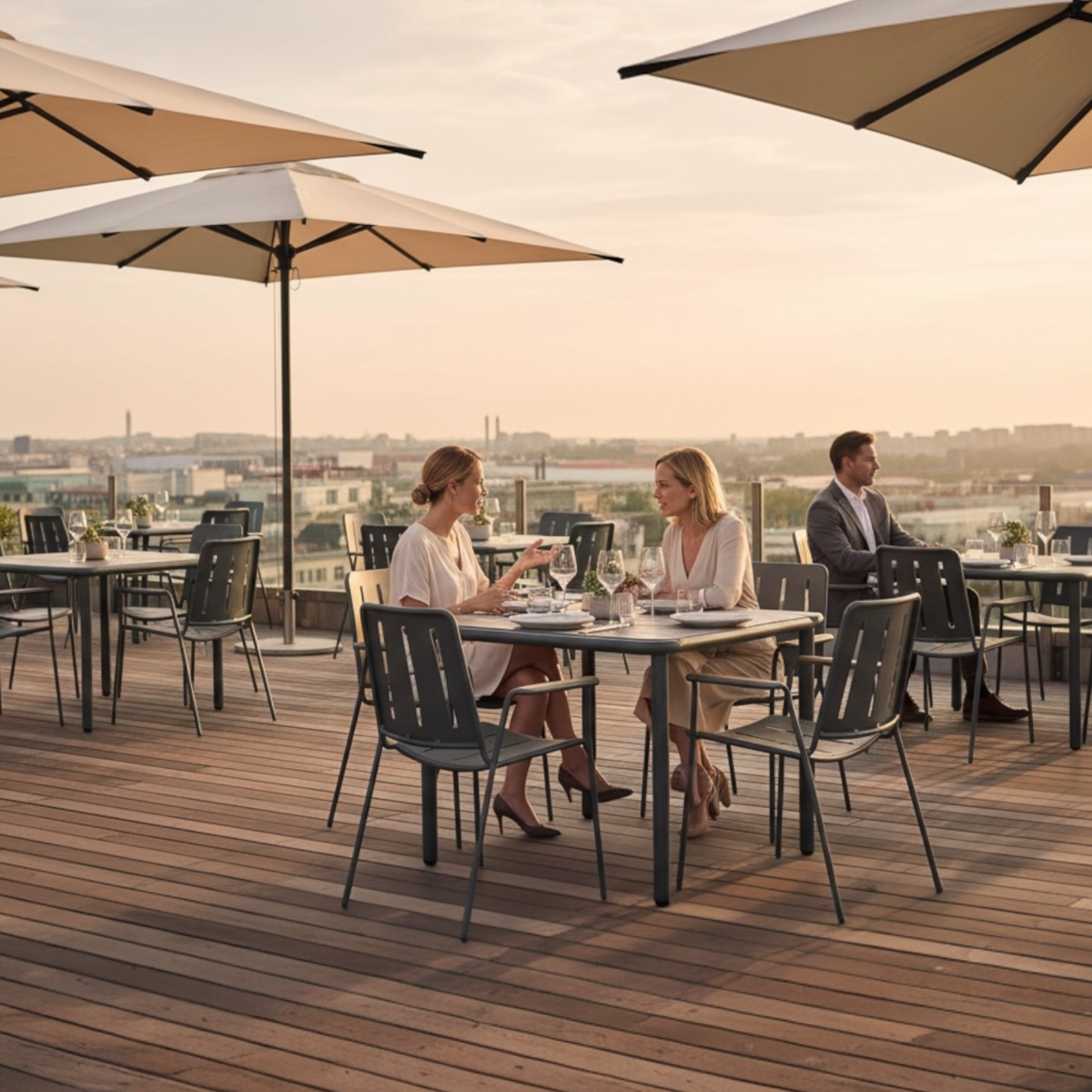 Sarran black square aluminum restaurant table – shown outdoors (3)
