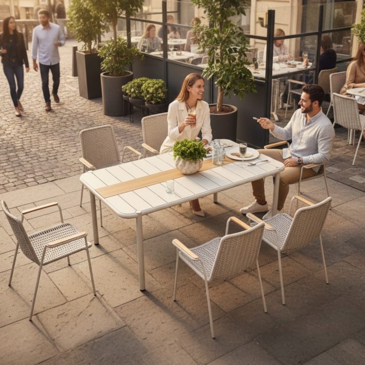 Sarran beige aluminum restaurant table for six, 175 cm – shown outdoors (2)