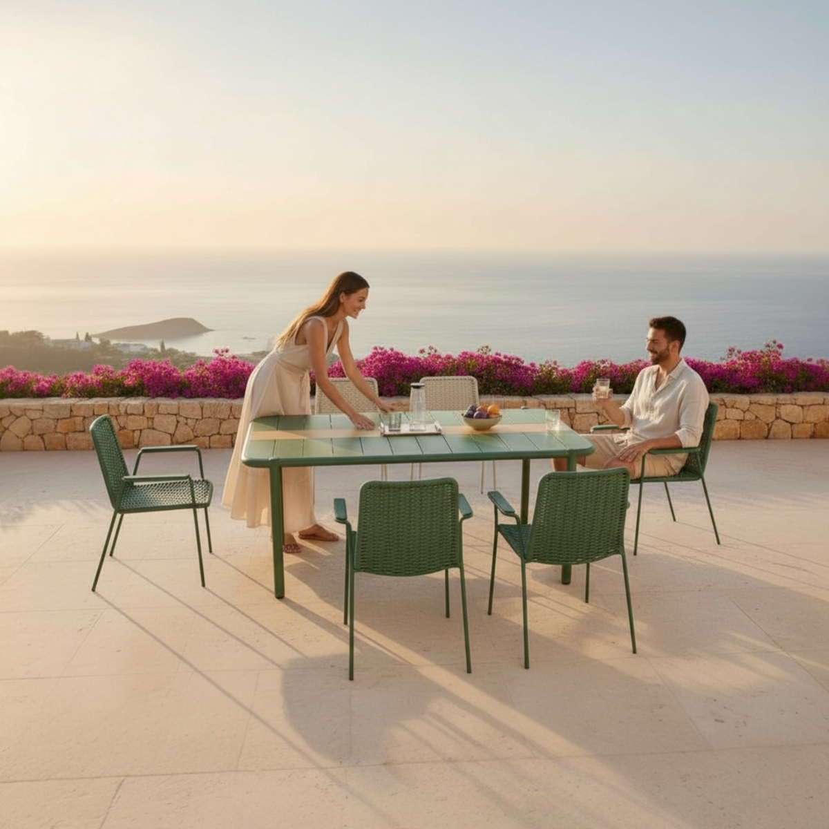 Sarran green aluminum restaurant table for six, 175 cm – shown outdoors (2)