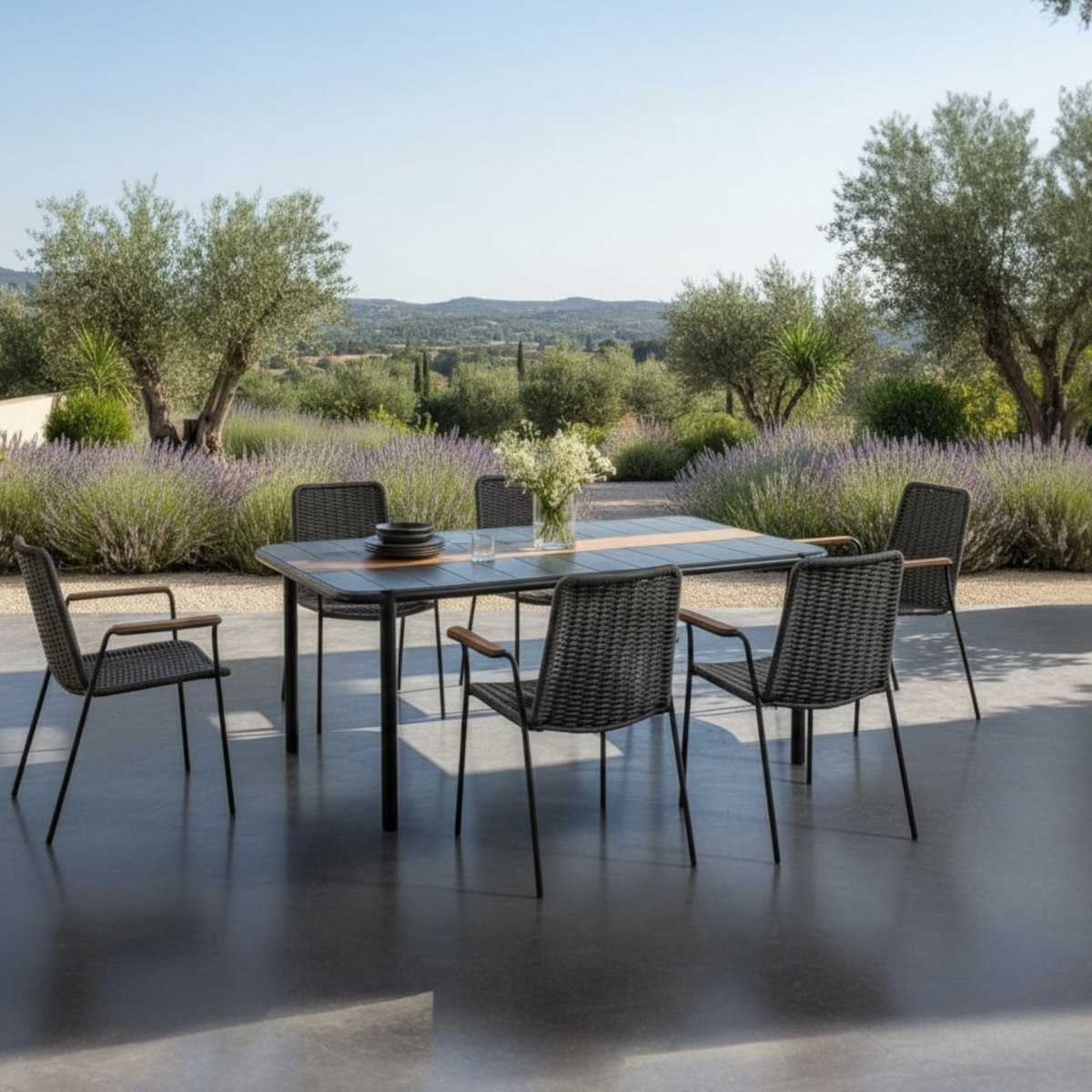 Sarran green aluminum restaurant table for six, 175 cm – shown outdoors (4)