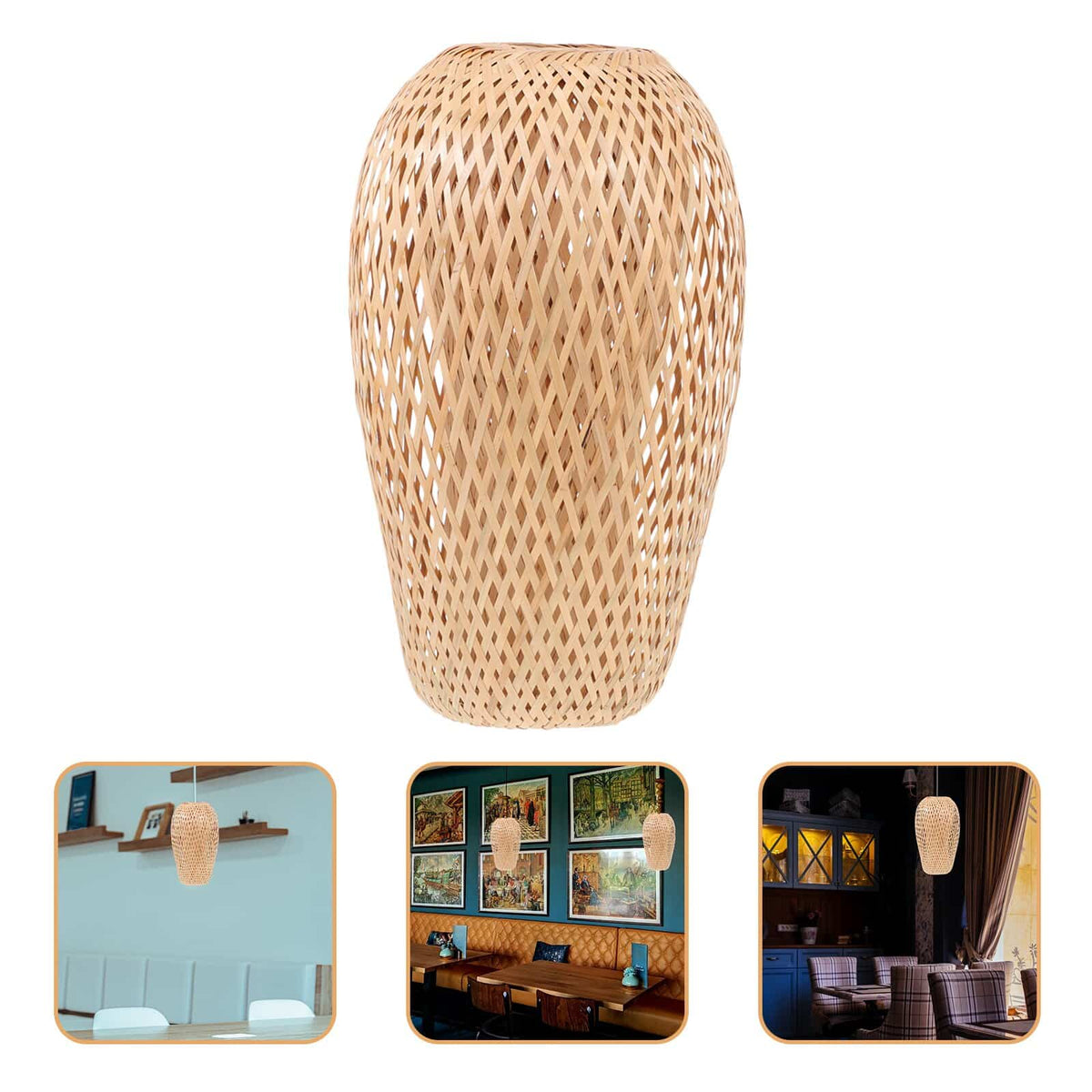 Handwoven natural rattan lantern lamp shade – multiple views