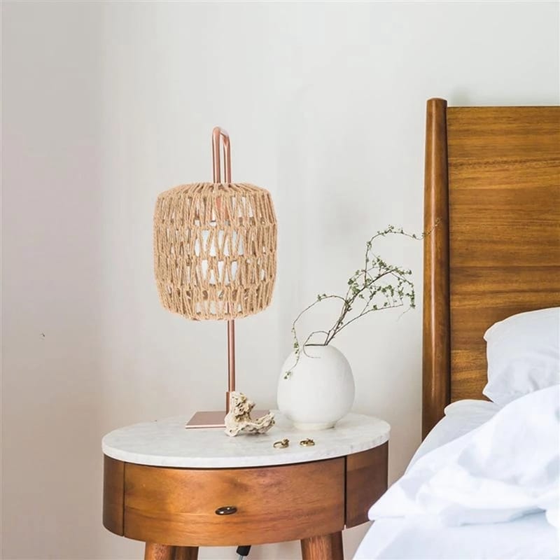Small handmade natural rattan lamp shade – shown lit in a room setting