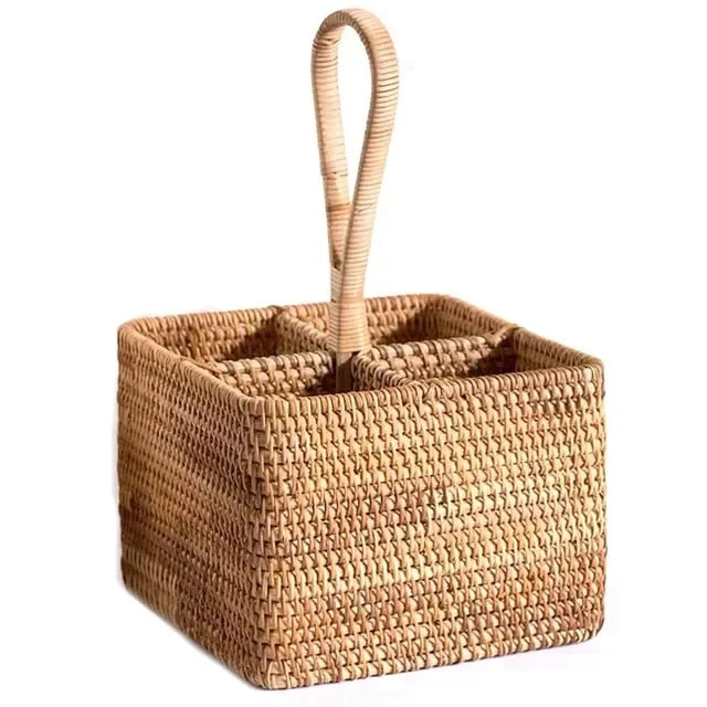 Handwoven square natural rattan basket in beige