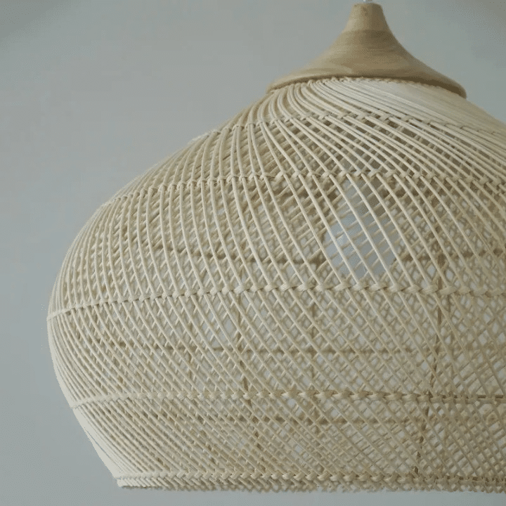 Beige rounded natural rattan pendant light – another view