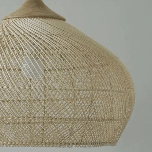 Beige rounded natural rattan pendant light – close-up detail