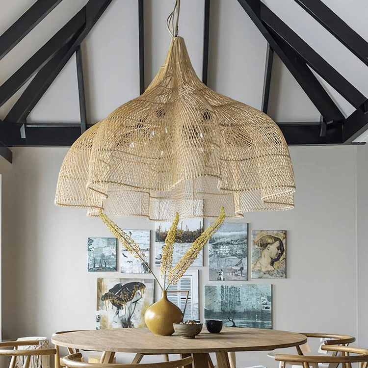 Eastern-inspired handwoven rattan cupola chandelier – shown in a room setting (2)