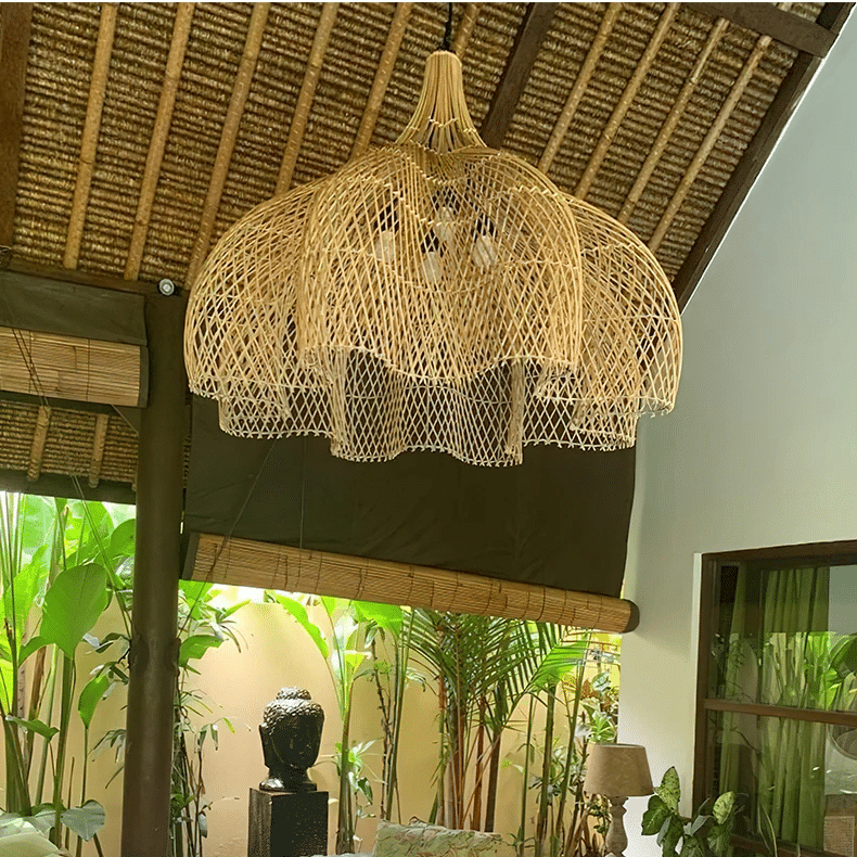 Eastern-inspired handwoven rattan cupola chandelier – shown outdoors
