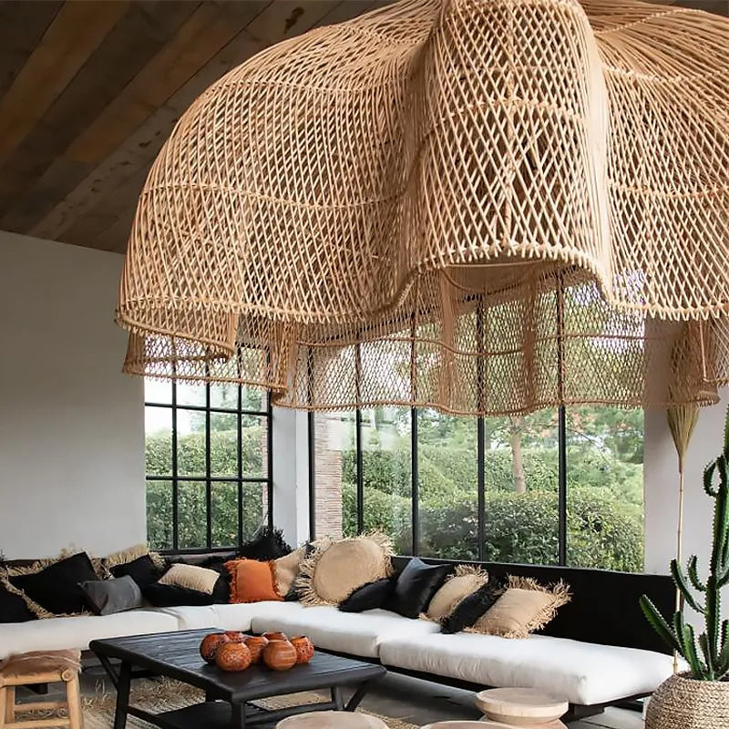Eastern-inspired handwoven rattan cupola chandelier – shown in a room setting