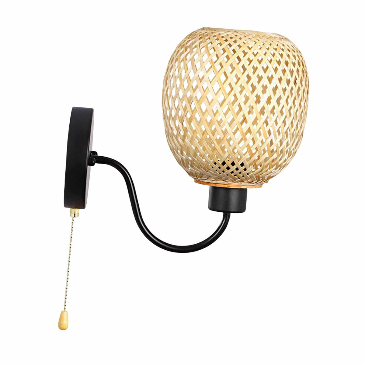 Retro wall sconce with a handwoven bamboo shade and matte black iron arm – another view