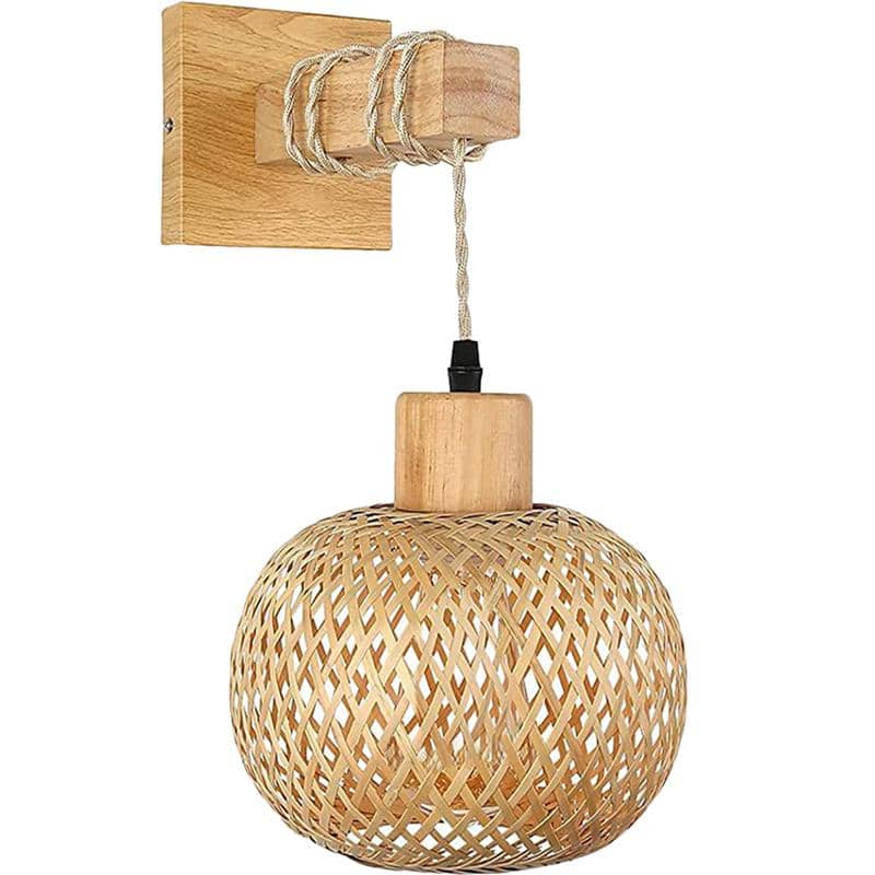 Retro wall sconce with a wood frame and handwoven rattan shade – another view