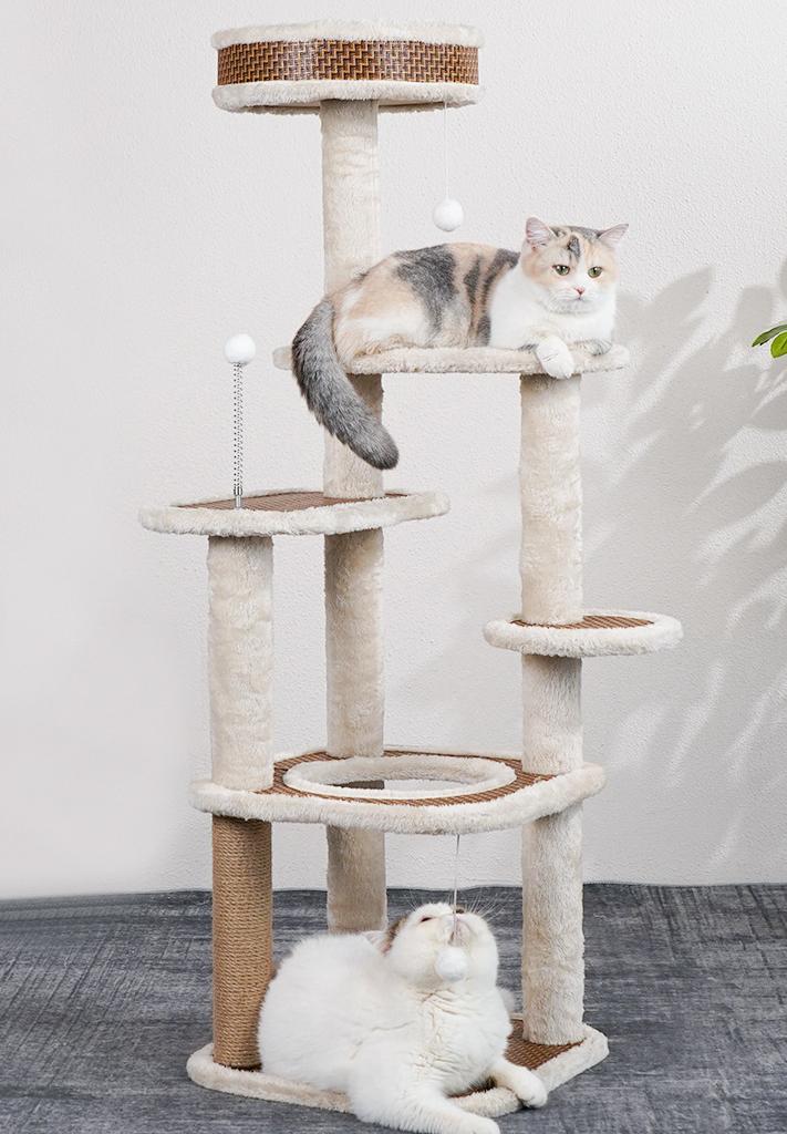 Rattan cat tree with soft plush covers – shown in a room setting (2)