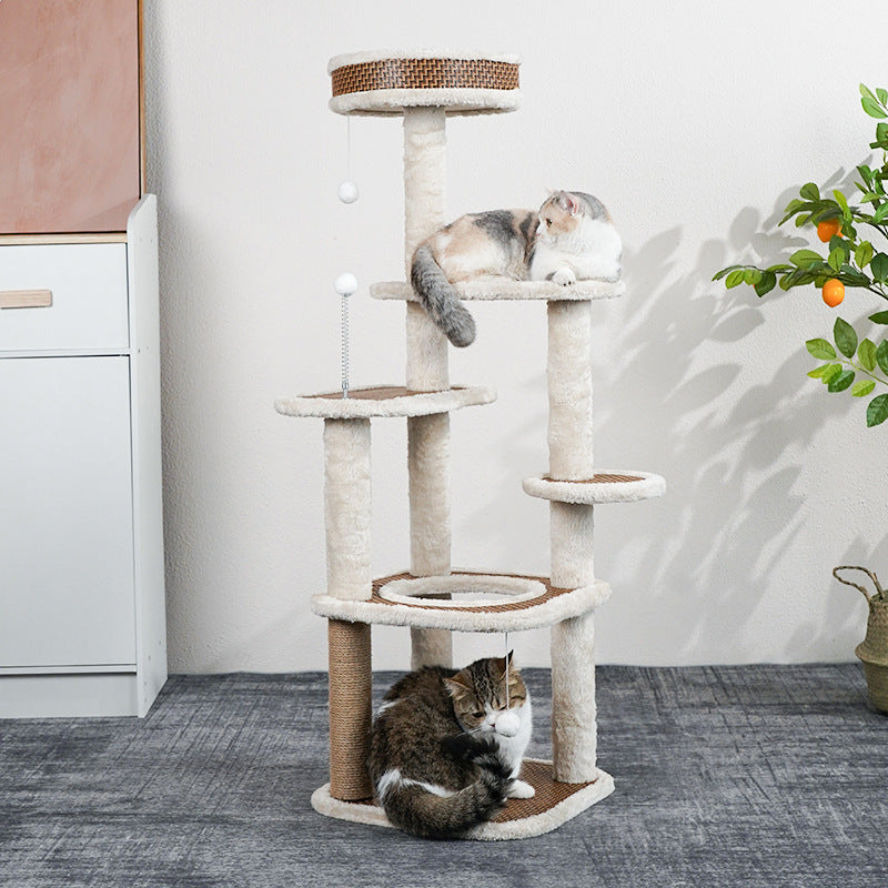 Rattan cat tree with soft plush covers
