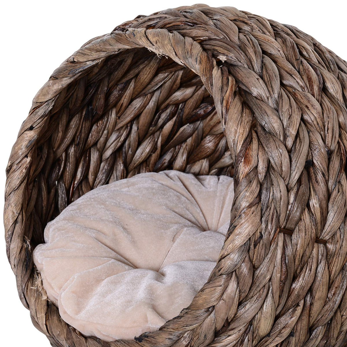 Natural rattan cat tree with a cushioned round basket – close-up detail