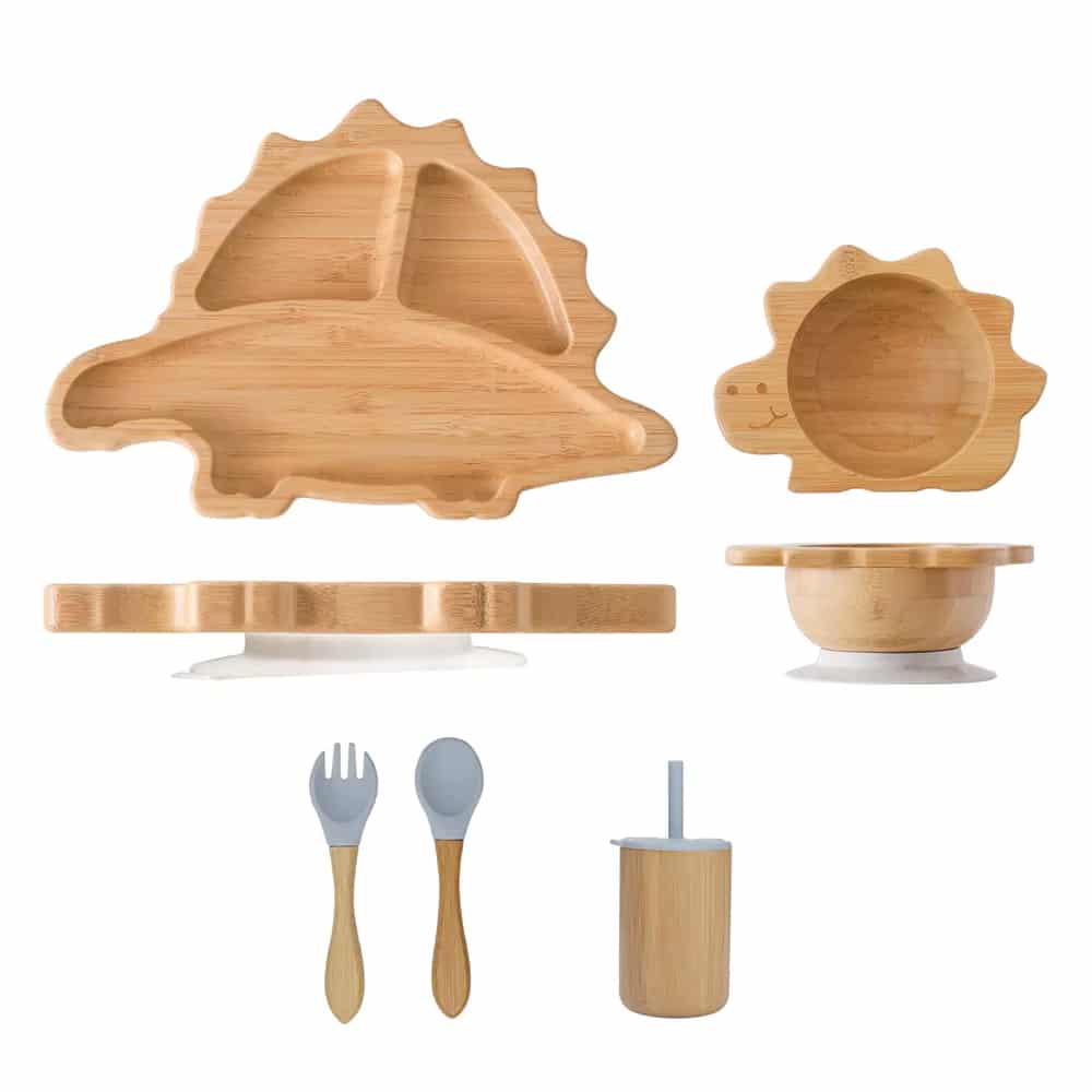 Dinosaur-shaped bamboo baby plate – multiple views