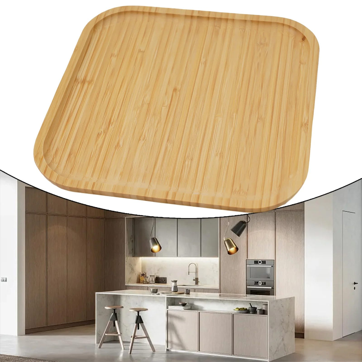 Square woven bamboo serving tray with slightly raised edges – shown in a room setting (2)