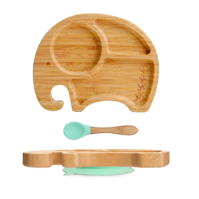Elephant-shaped bamboo kids plate with a matching spoon
