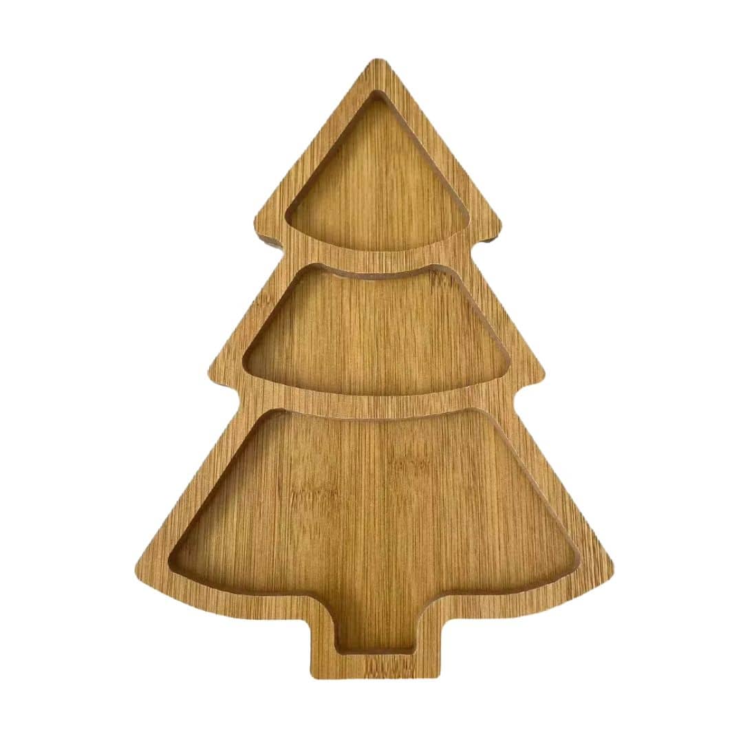 Christmas tree-shaped bamboo plate with visible grain