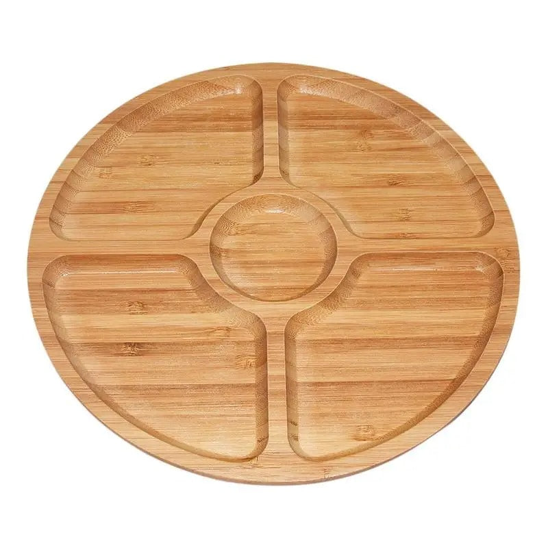 Round handwoven bamboo plate divided into compartments