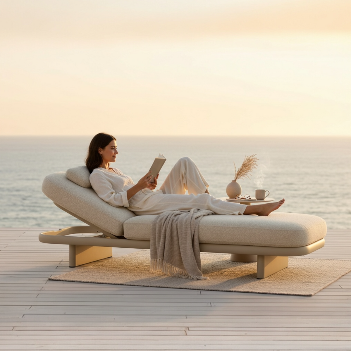 Rosa beige aluminum chaise lounge with wheels – shown outdoors