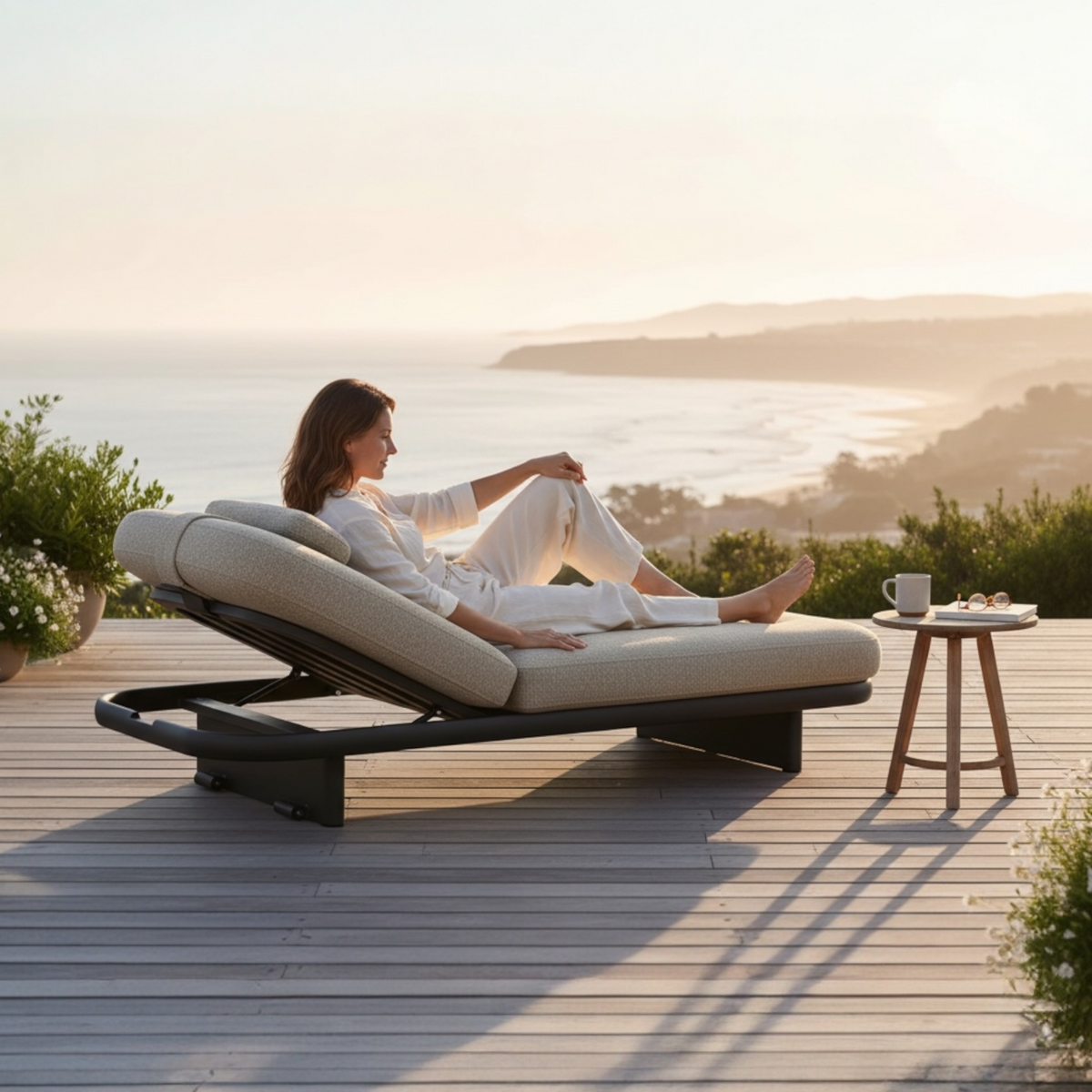Rosa beige aluminum chaise lounge with wheels – shown outdoors (6)